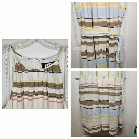 DKNY Cotton Halter Neckline Belt Sleeveless Midi Ivory Multicolor Dress Size 18W - Picture 5 of 12